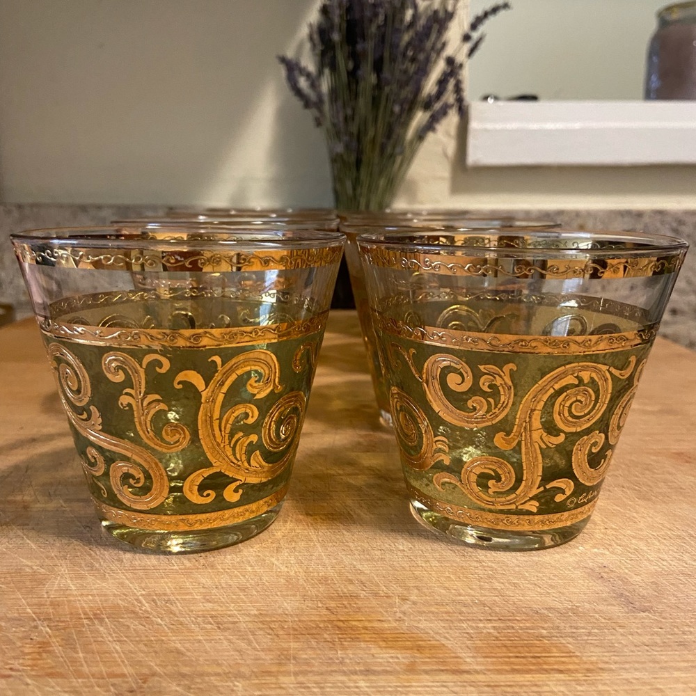 Culver Green Gold Scroll Cocktail Rocks 8 Glasses